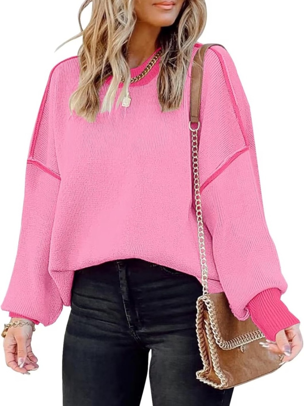 Pink Oversized Knit Sweater - Relaxed Women's Pullover